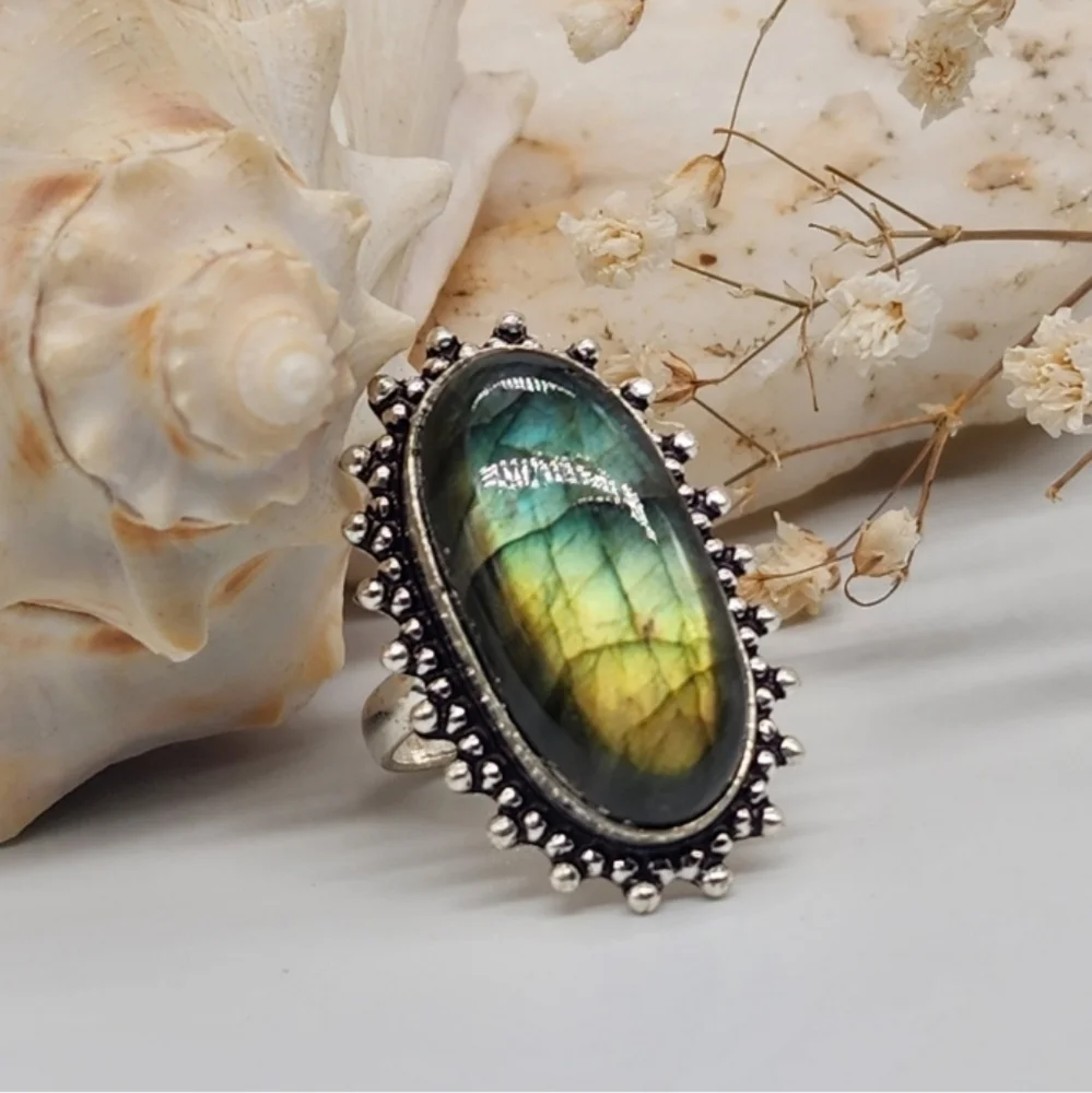 Boho Silver Ring Impressive Large Natural Labradorite Stone 925 Silver